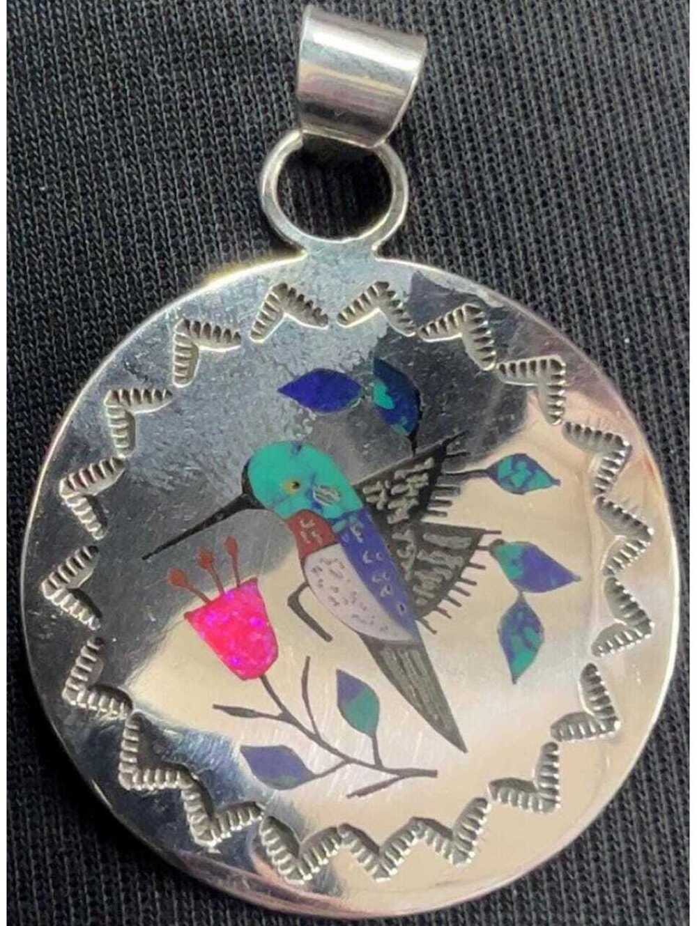 Zuni sterling silver turquoise multi stone traditional hummibird bird inlay